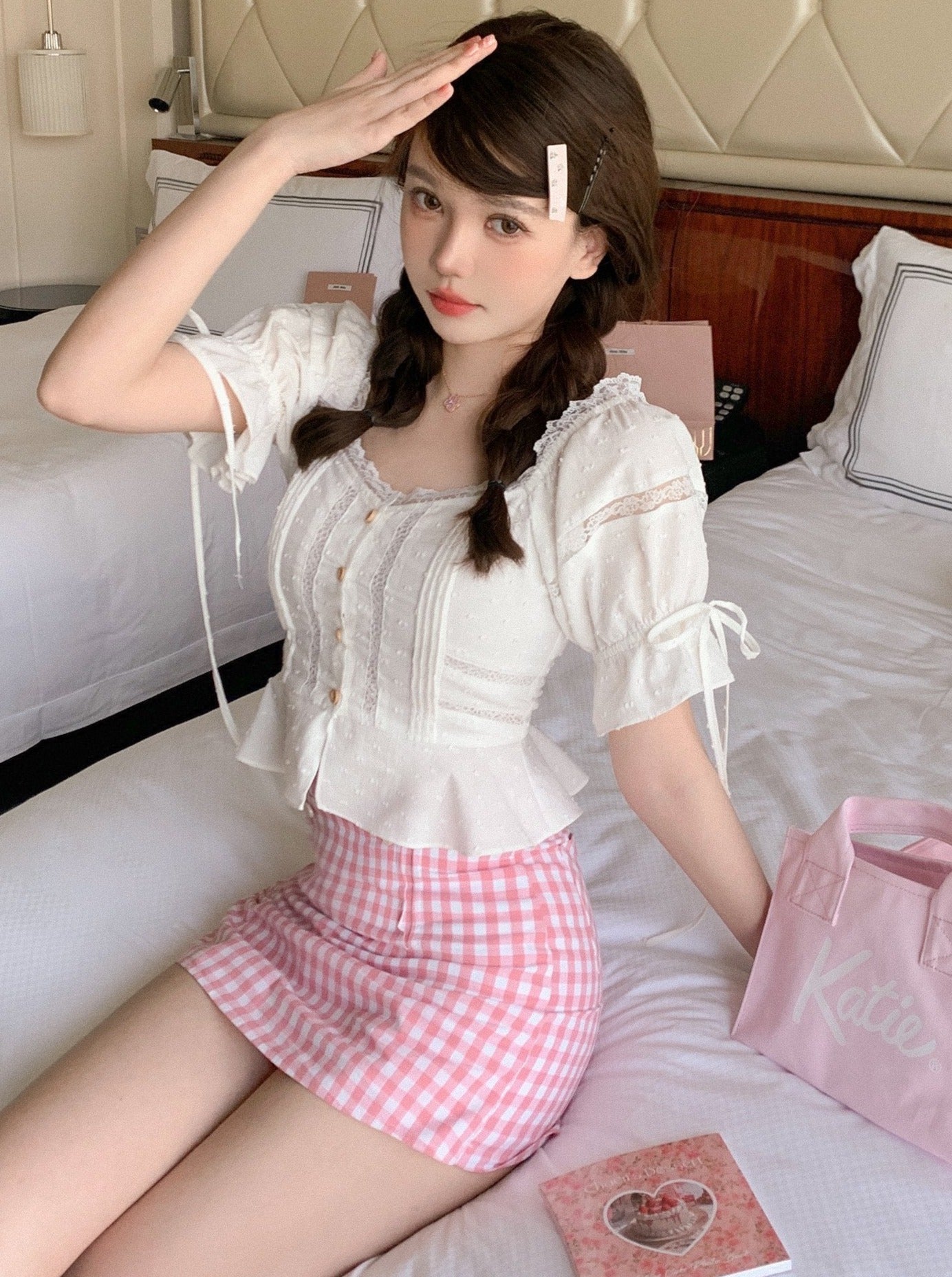 White lace shirt tops + pink check culottes