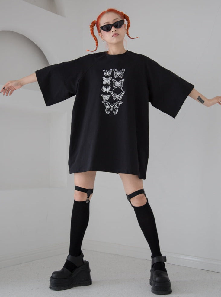 Butterfly Print Sketch Loose Street T-shirt