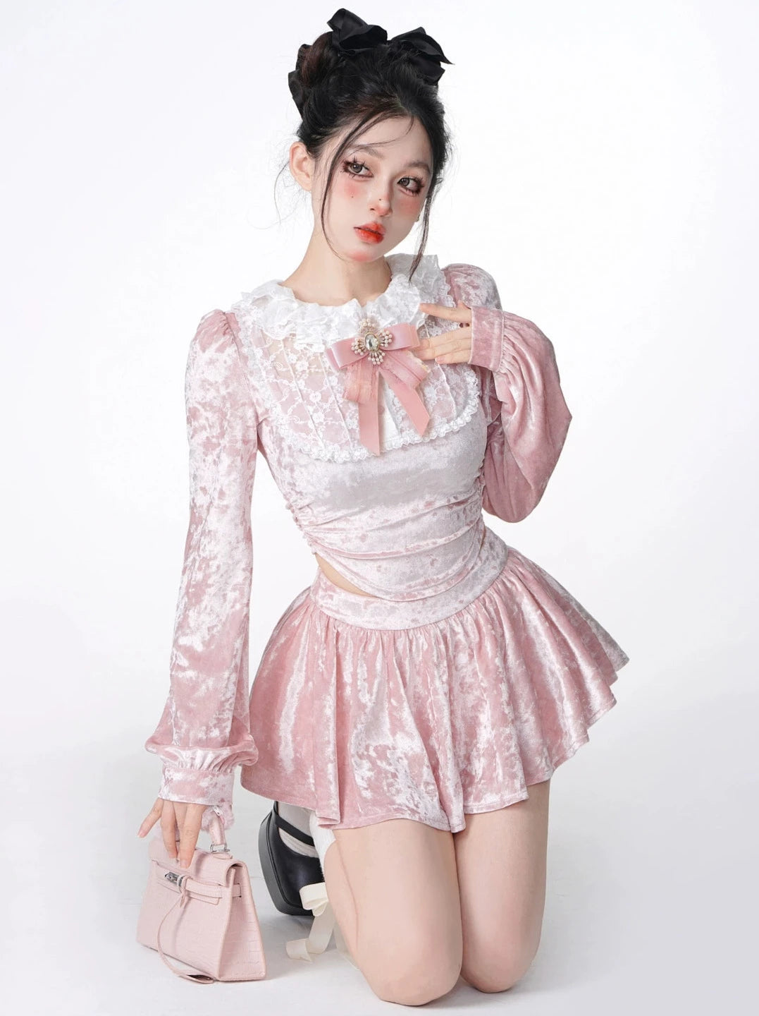 Princess Pink Velvet Lace Slim Top + Skirt + Fur Short Jacket