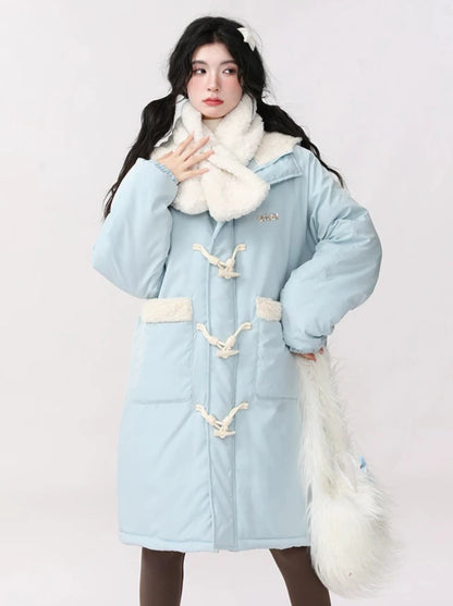 Horn Button Lamb Wool Splicing Hooded Cotton Coat