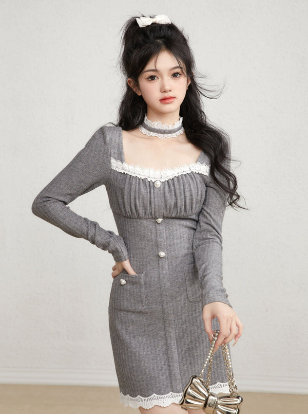 Square color lace pearl ribtite dress