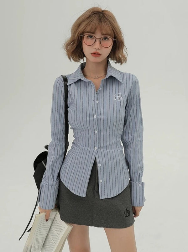 アメリカンカレッジスタイルストライプスリムウエストシャツ