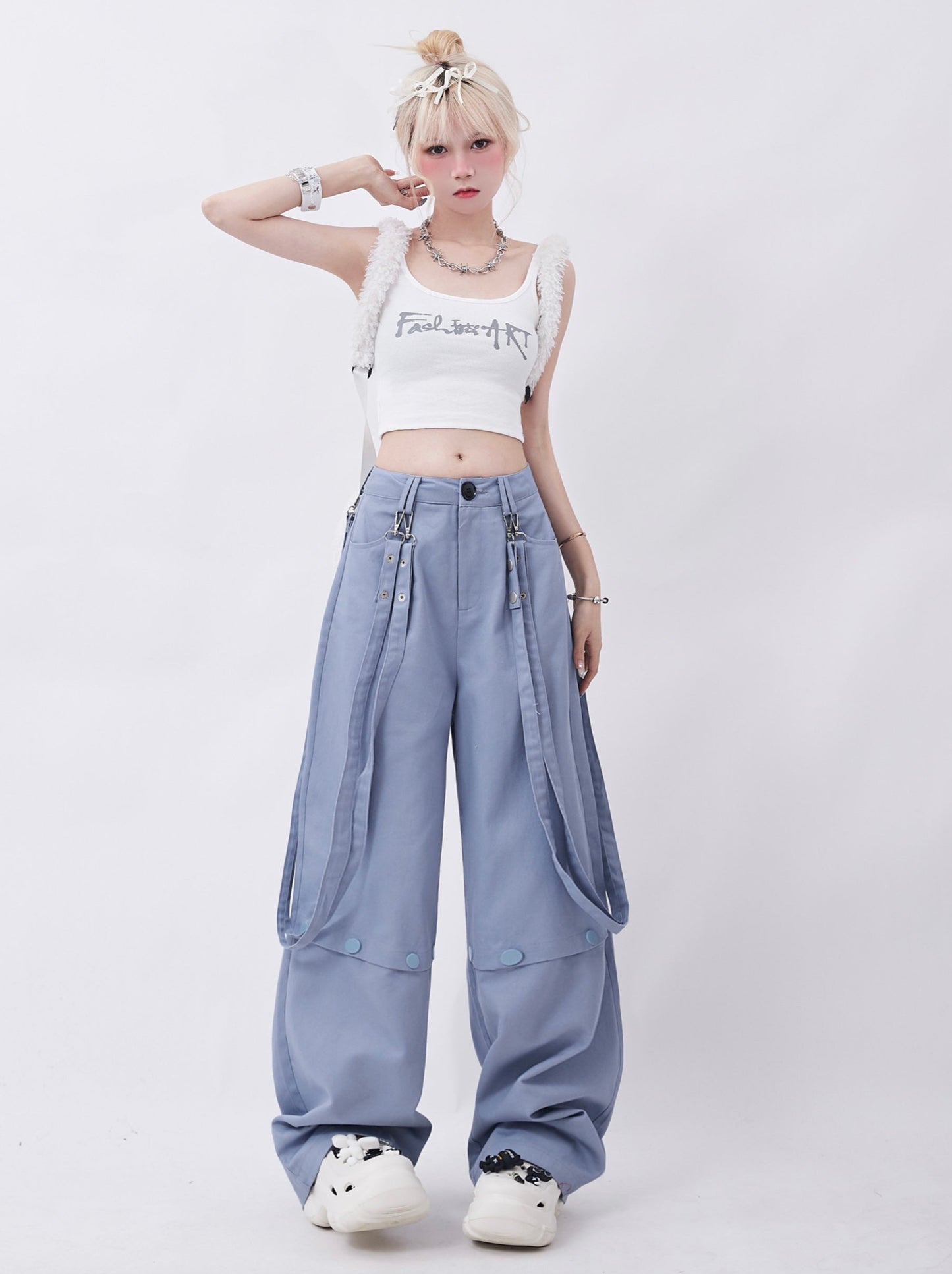 High Street Streamer Design Over -size Suspender Pants