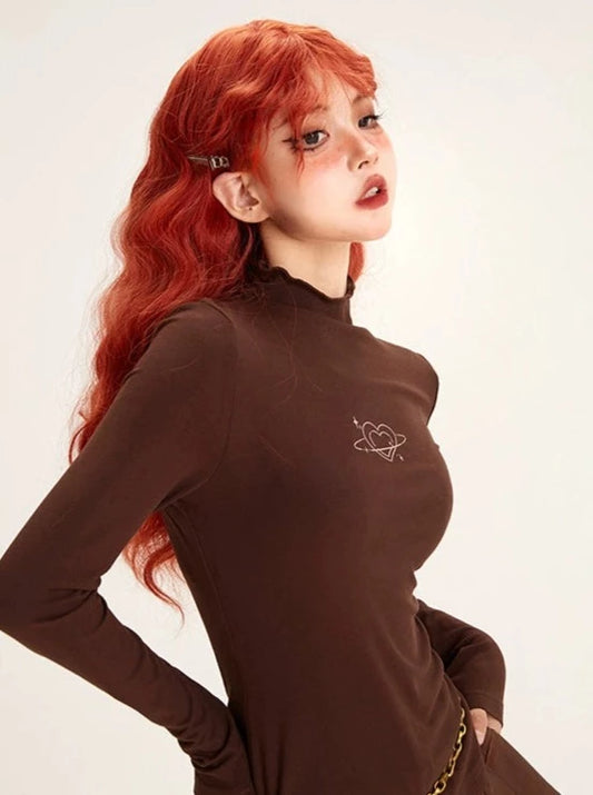 Maillard Love Printed Inner Brown Half Turtleneck Tops