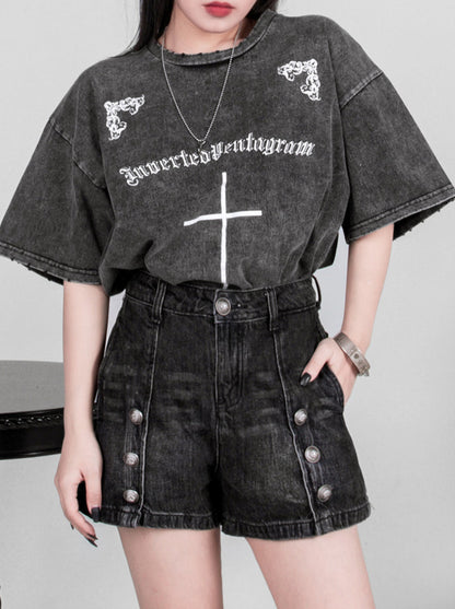 Military Buckle Metal Buttons Black Washed Denim Shorts