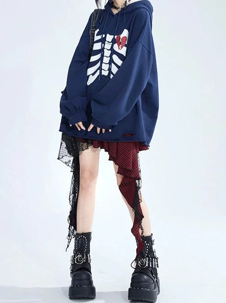 Skull Love Print Hooded Sweatshirt Oversized Pullover