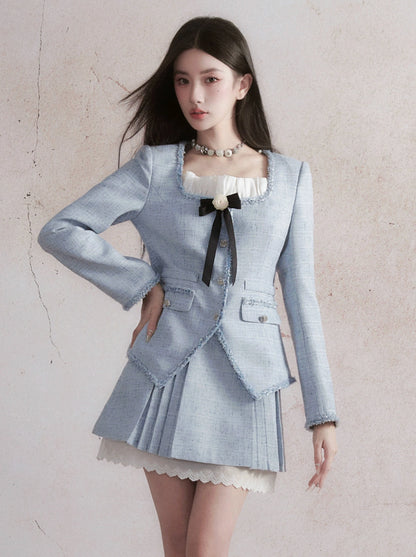 Blue Small Fragrance Jacket + Pleated Skirt