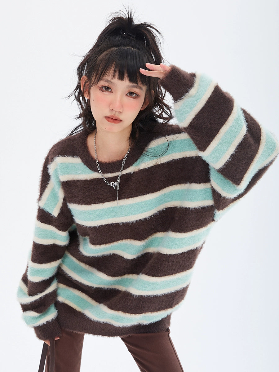 Retro Loose Contrast Stripe Sweater