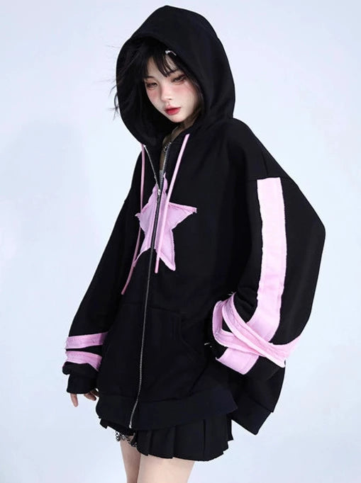 Pink Black Oversized Cardigan Hoodie Jacket