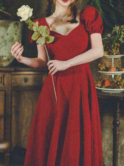 Wine Red Puff Sleeve Crinkle French Dress 