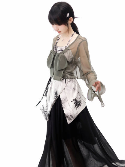 中国复古印花薄纱开衫吊带裙套装