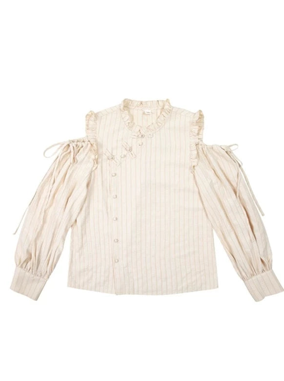 Cut Button Open Shoulder Blouse