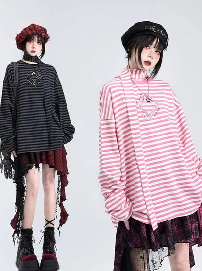 Long T with Hollow Out Pin Decoration Loose Stripe Scarf