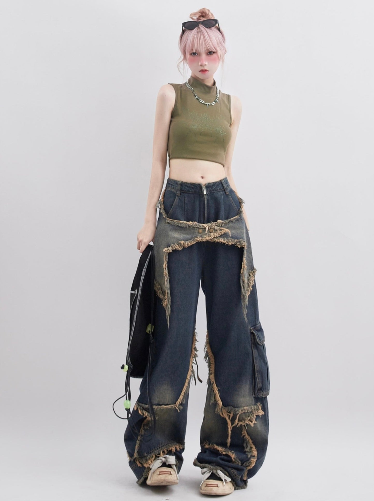 Retro design star patch old straight denim pants