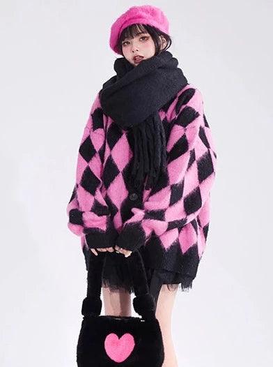 Pink Diamond Check Lazy Style Mohair V-Neck Knit Cardigan