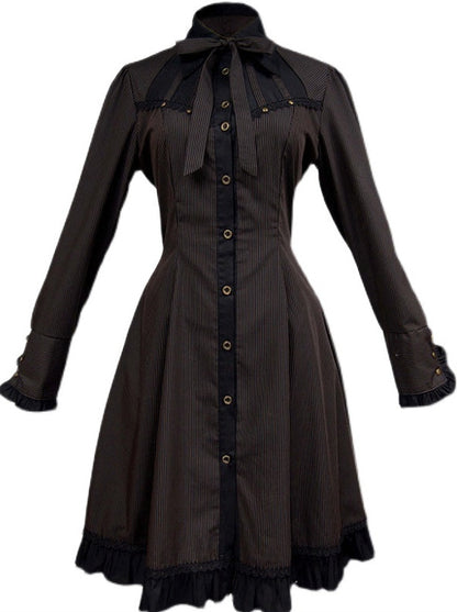 Steam Continental Ruffled Black Coffee Pinstripe Shirtdress