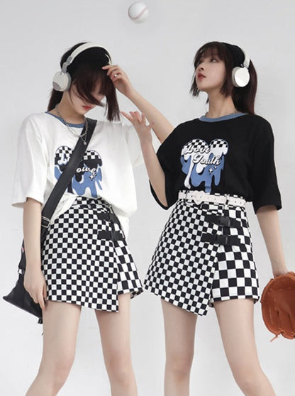 Heart print T-shirt + check miniskirt setup