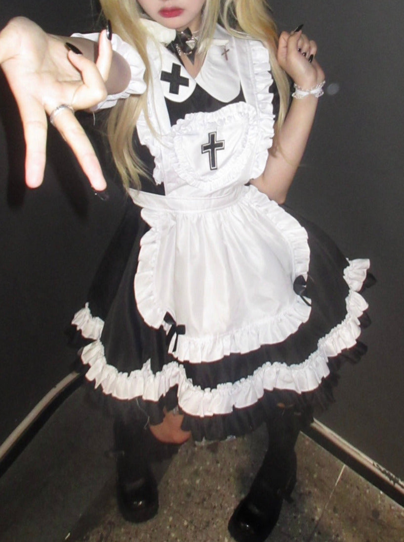 Doll Collar Cross Heart Lolita Maid Apron Tiered Dress