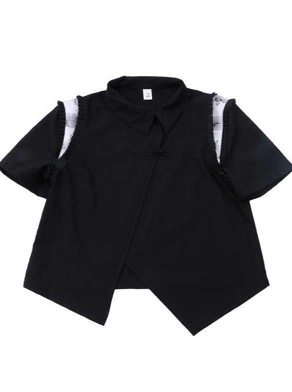 China Asymmetric Check Frill Shoulder Shirt