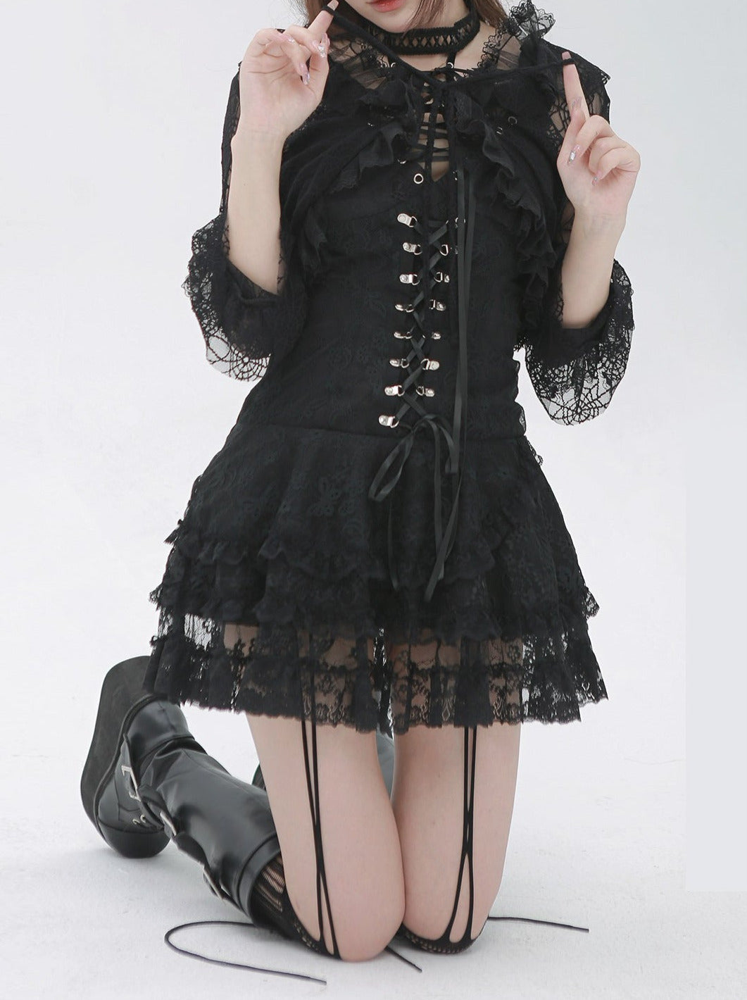 Dark Gothic Black Lace Tiered Skirt