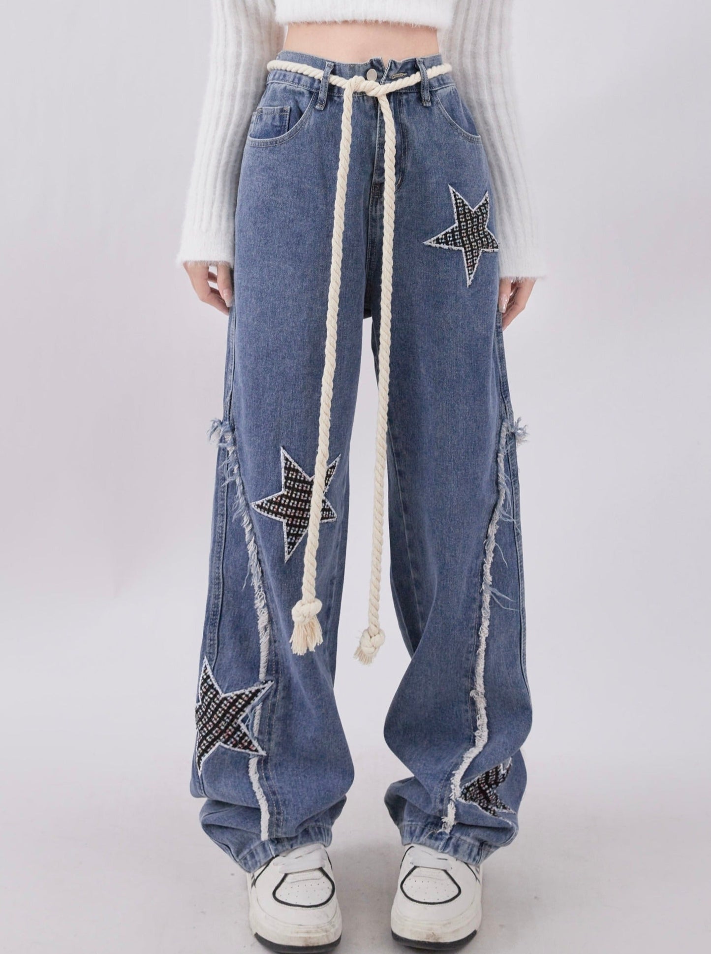 Star Design Wide Leg Straight Denim Pants