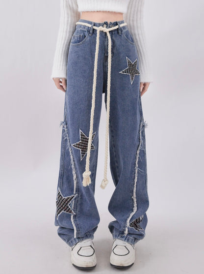 Retro Star Design Wide Leg Straight Denim