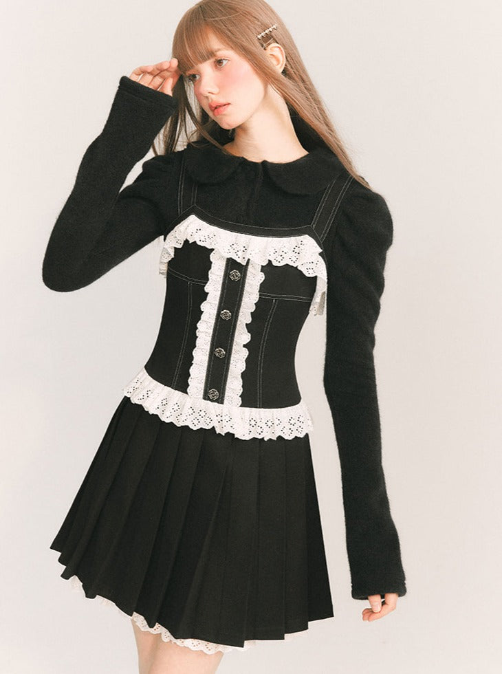 Lace frill black pleated skirt dress