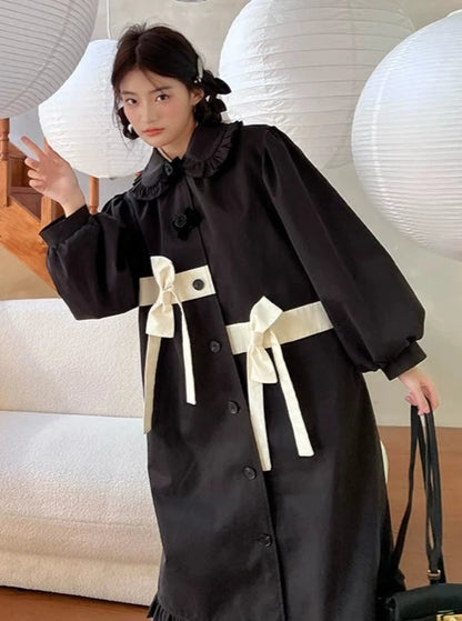 Ruffle Collar Long Ribbon Coat