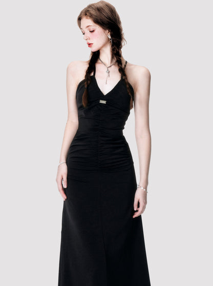 Amboire Black Satin Cross Hanging Neck Strap Dress