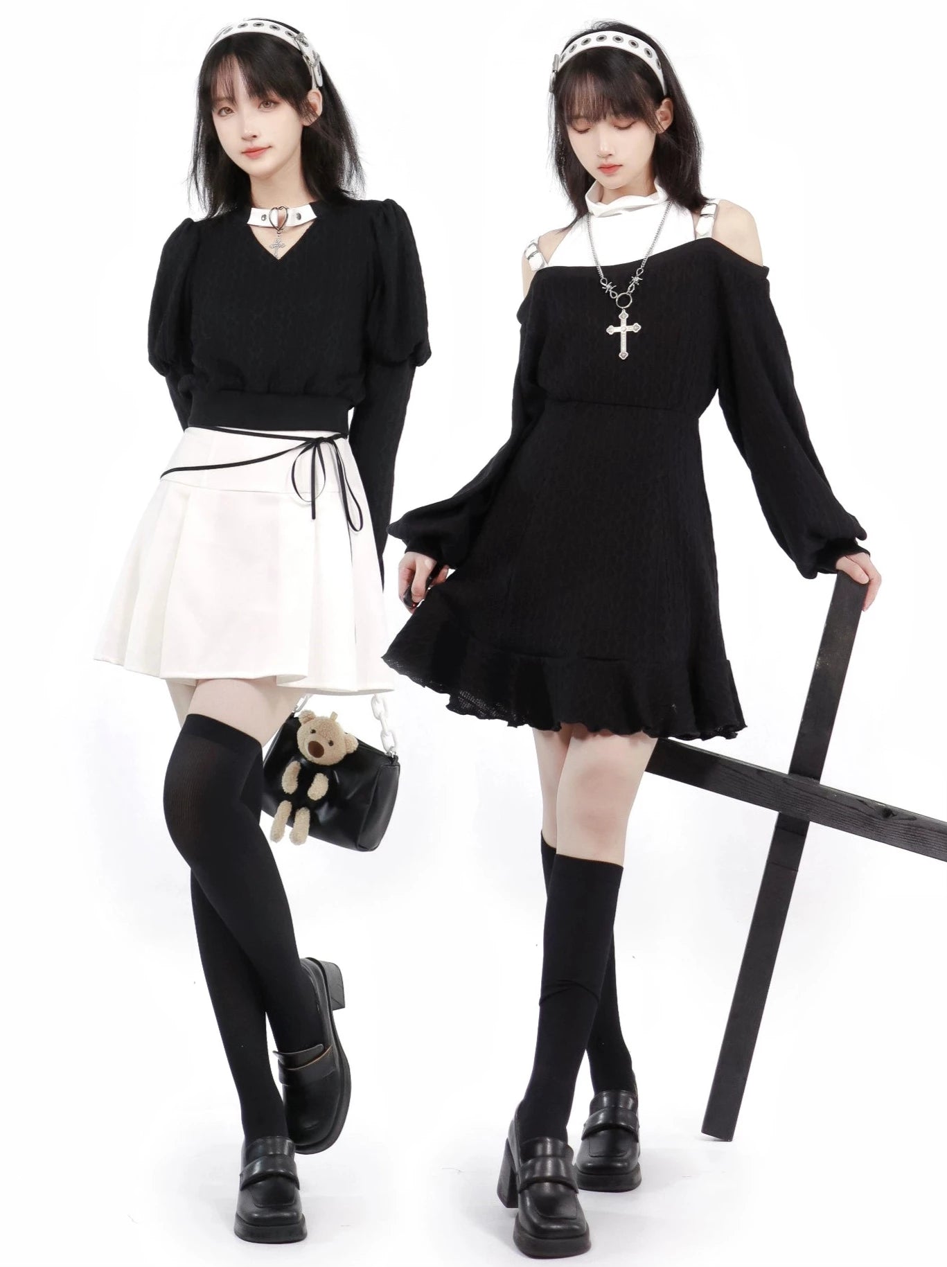 Cross Gothic Black Knitted Top Skirt + Black White Off Shoulder Dress Set Up