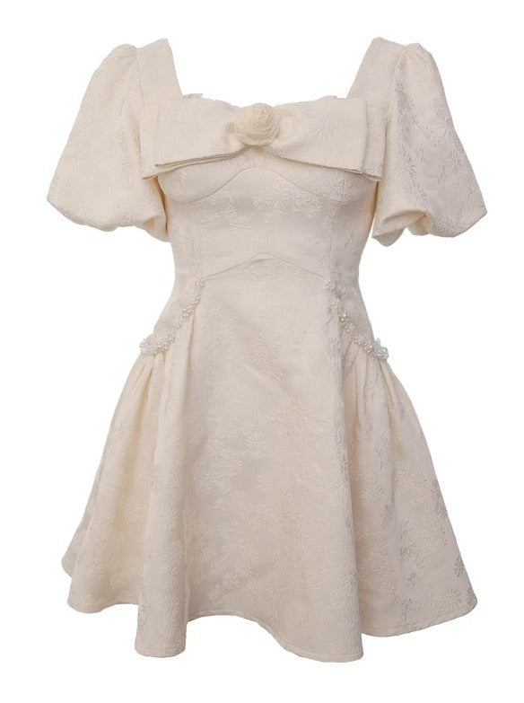 French Rose Puff Sleeve Jacquard Princess Square Dress