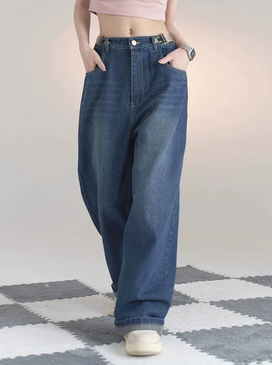 Loose Casual Side Buckle Straight Jeans