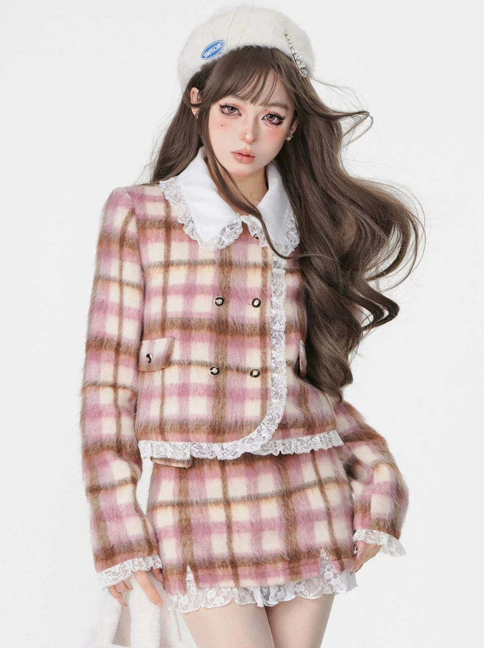 Pink Check Lace Fragrance Style Winter Suit