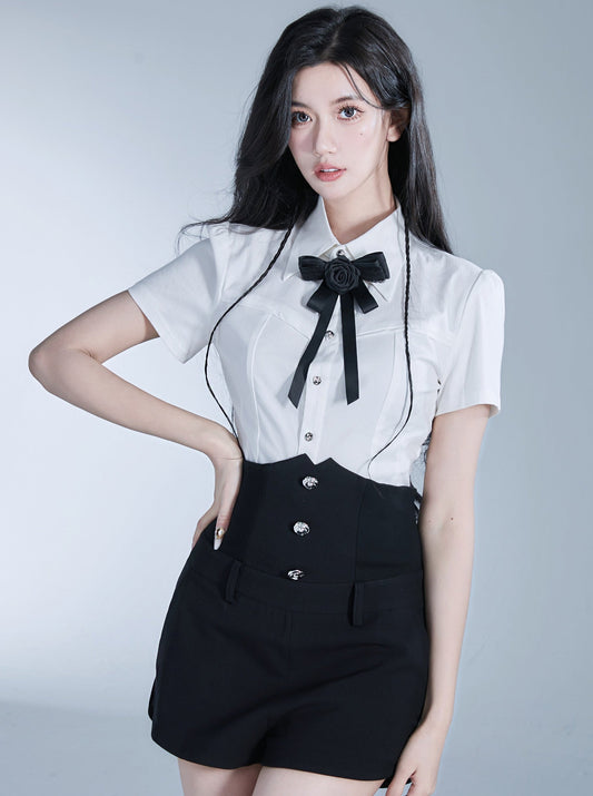 丝带玫瑰衬衫 +高腰裤