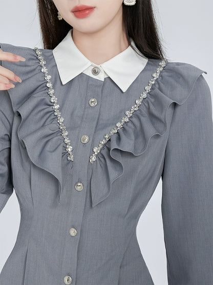 College Style Gray Diamond Ruffled Shirt Dress