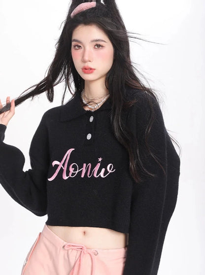 Polo collar letter embroidery short knit