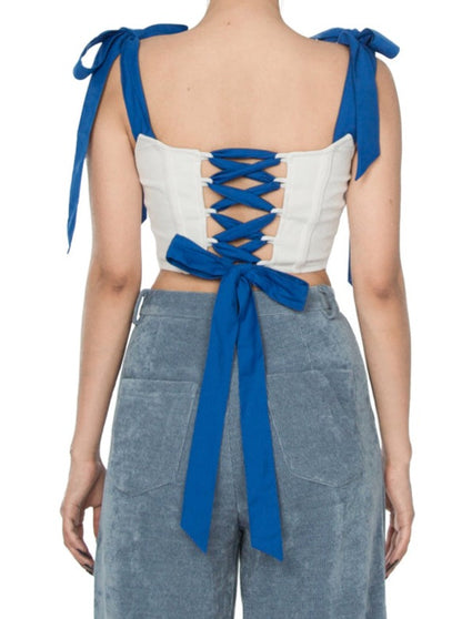 White strap halter corset bag lace up camisole