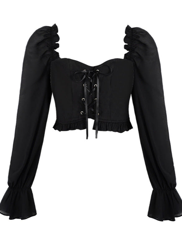 Lace-up volume sleeve short top + tiered skirt