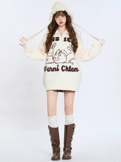 American Retro Rabbit Jacquard Lapel Sweater Knit