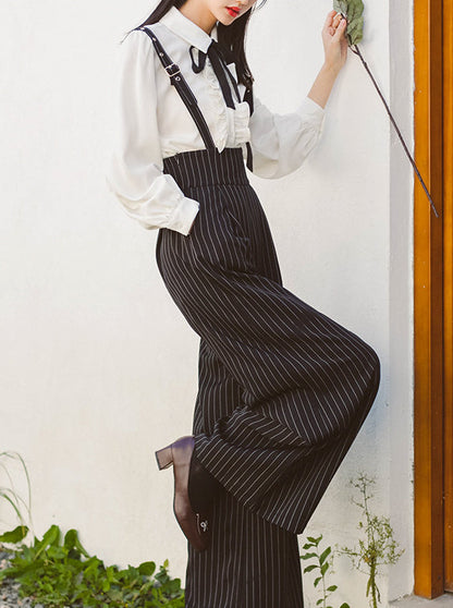 French Retro Suspender Tuck Wide Pants 