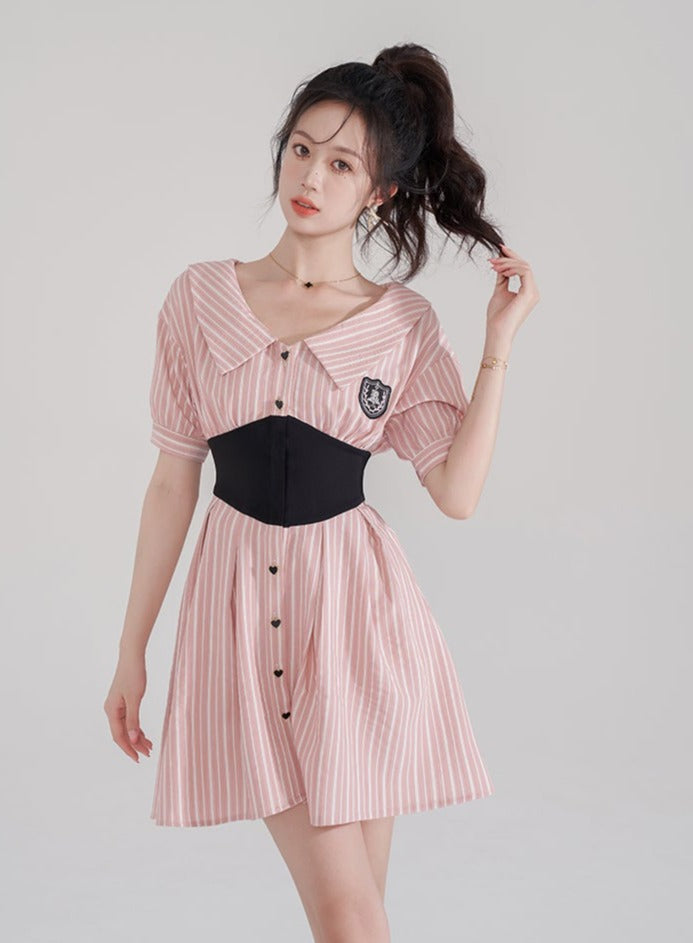 Stripe V -neck Waist College Shapo One Piece