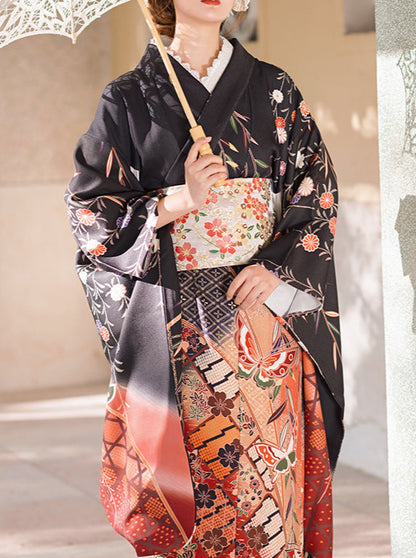 Retro Classical Japanese Pattern Flower Butterfly Furisode Set [Kimono + Handbag + Tabi]