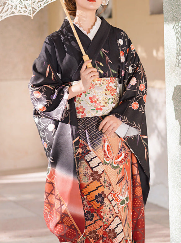 复古古典日式花纹花蝴蝶振袖套装【和服+手提包+足袋】