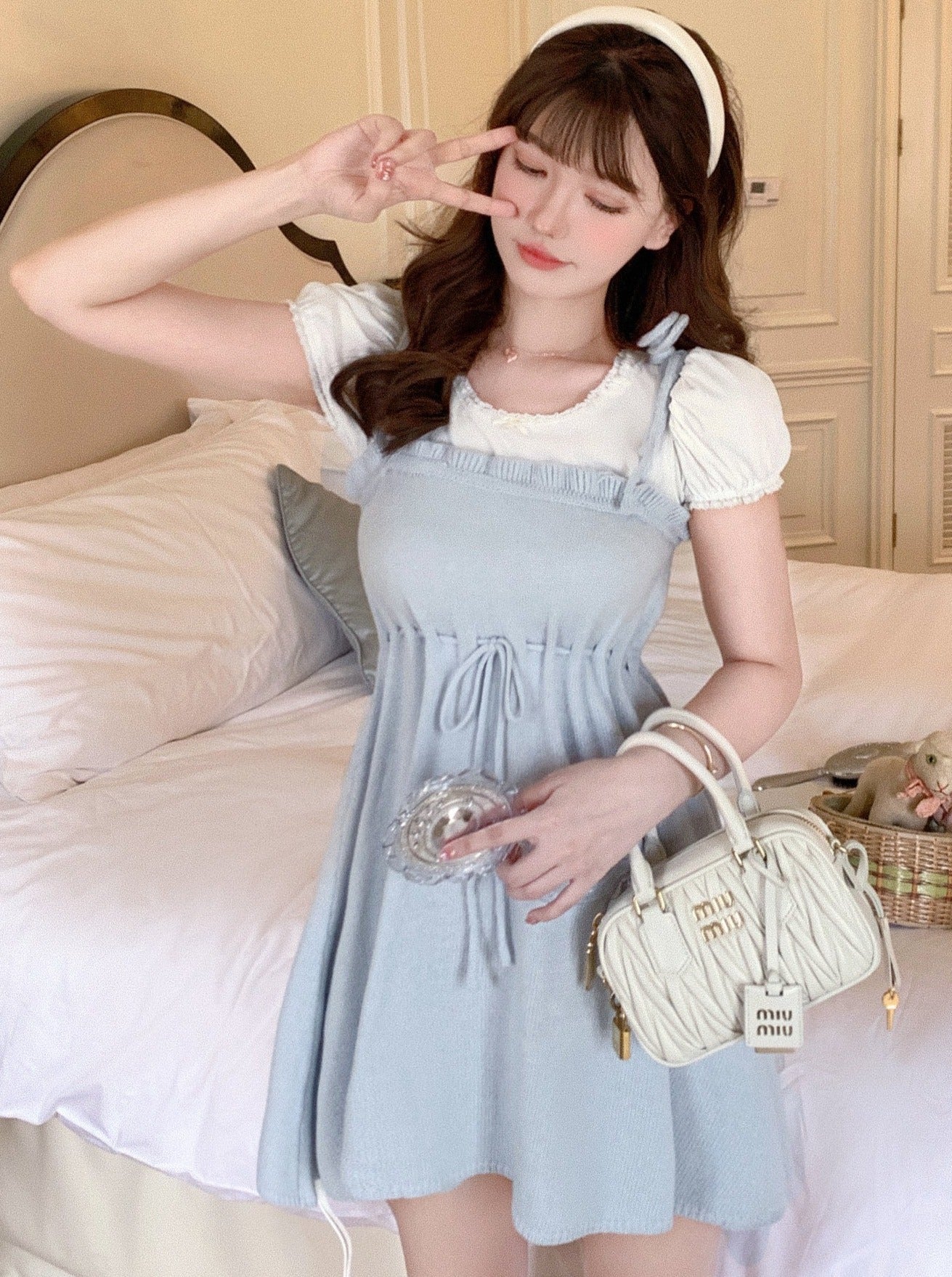 Ice Blue Camisole Dress & Puff Sleeve Ruched Top