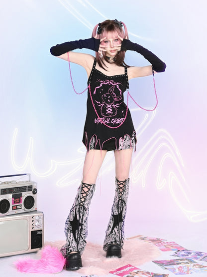 Y2K Cool Rabbit Print Black Pink Eyelet Chain Gloves &amp; Camisole