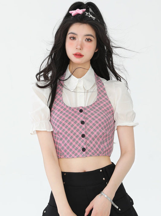 パフスリーブシャツ＋ネックストラップビスチェ