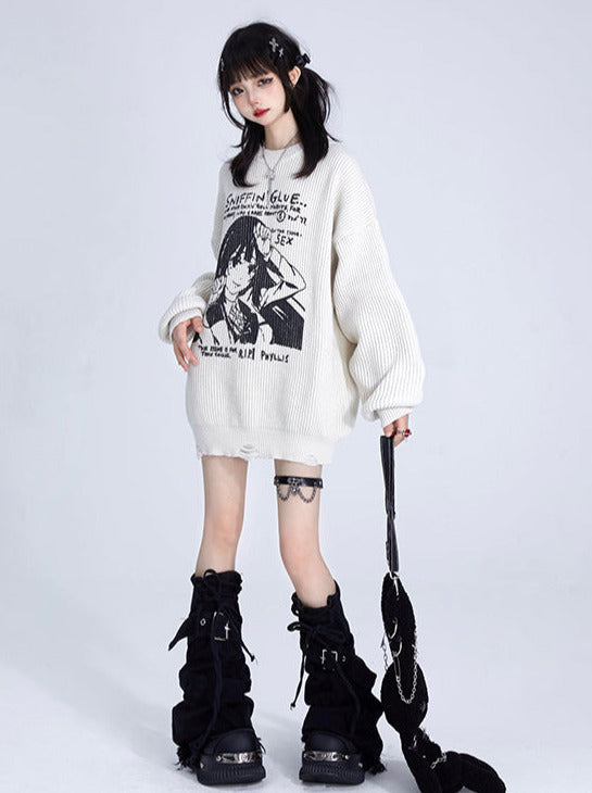 Girl Print Loose Pullover Knit Sweater