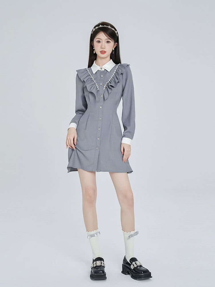 College Style Gray Diamond Ruffled Shirt Dress