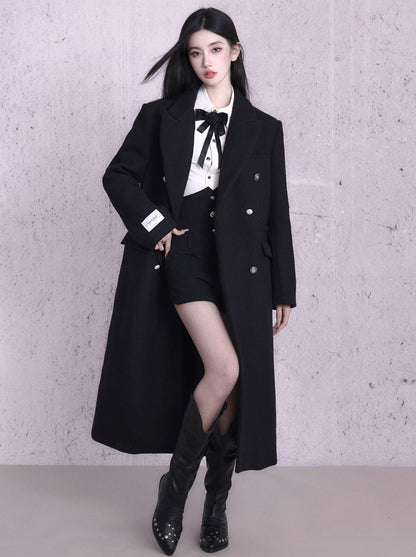 Korean college style wool double breasted long coat