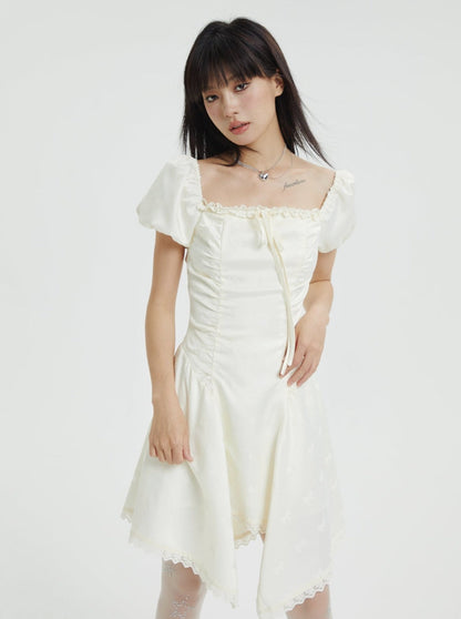 Asymmetrical design square neck ribbon dress